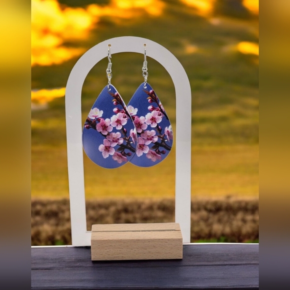 Cherry Blossoms Teardrop Earrings Faux Leather Blue With Pink & White - Picture 2 of 4